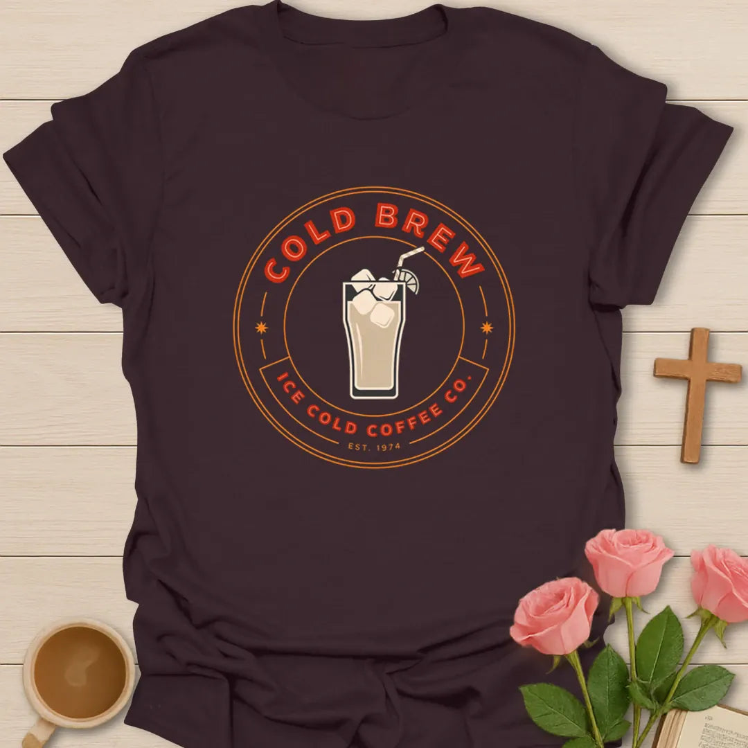 Cold Brew Coffee Co shirt with iced coffee glass, retro badge, orange lettering, and Ice Cold Coffee Co text - Dark Chocolate
