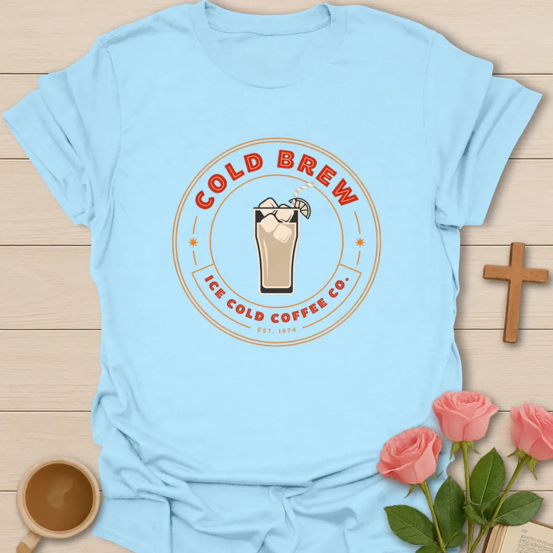 Cold Brew Coffee Co shirt with iced coffee glass, retro badge, orange lettering, and Ice Cold Coffee Co text - Light Blue