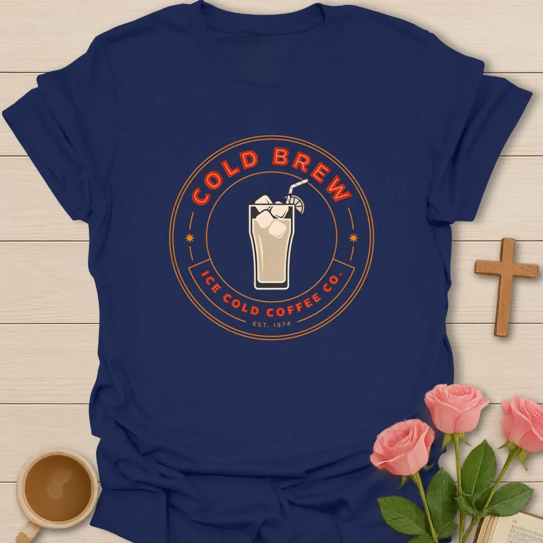 Cold Brew Coffee Co shirt with iced coffee glass, retro badge, orange lettering, and Ice Cold Coffee Co text - Navy