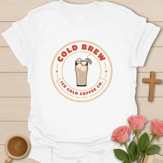 Cold Brew Coffee Co shirt with iced coffee glass, retro badge, orange lettering, and Ice Cold Coffee Co text - White