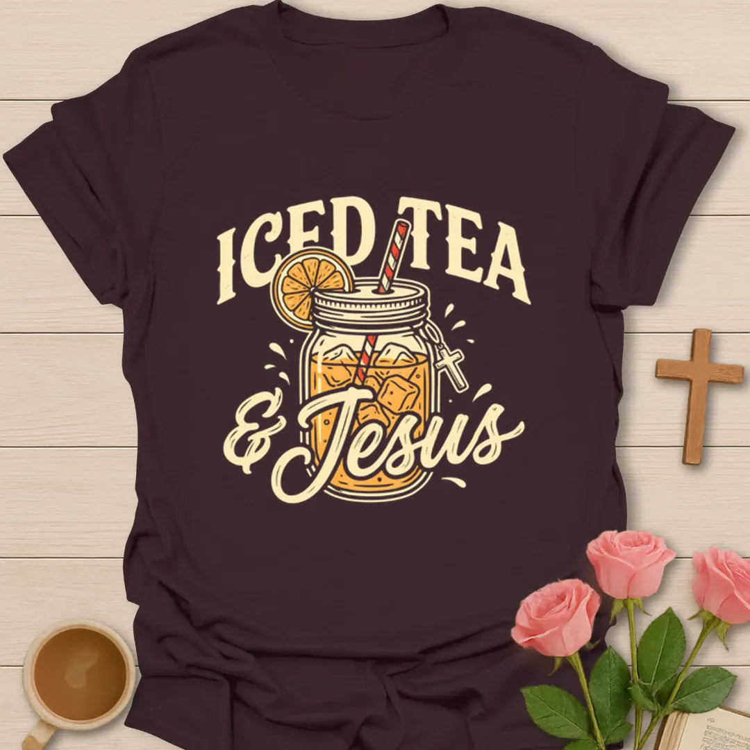 Iced Tea and Jesus shirt with mason jar iced tea, orange slice, straw, and vintage cream lettering - Dark Chocolate