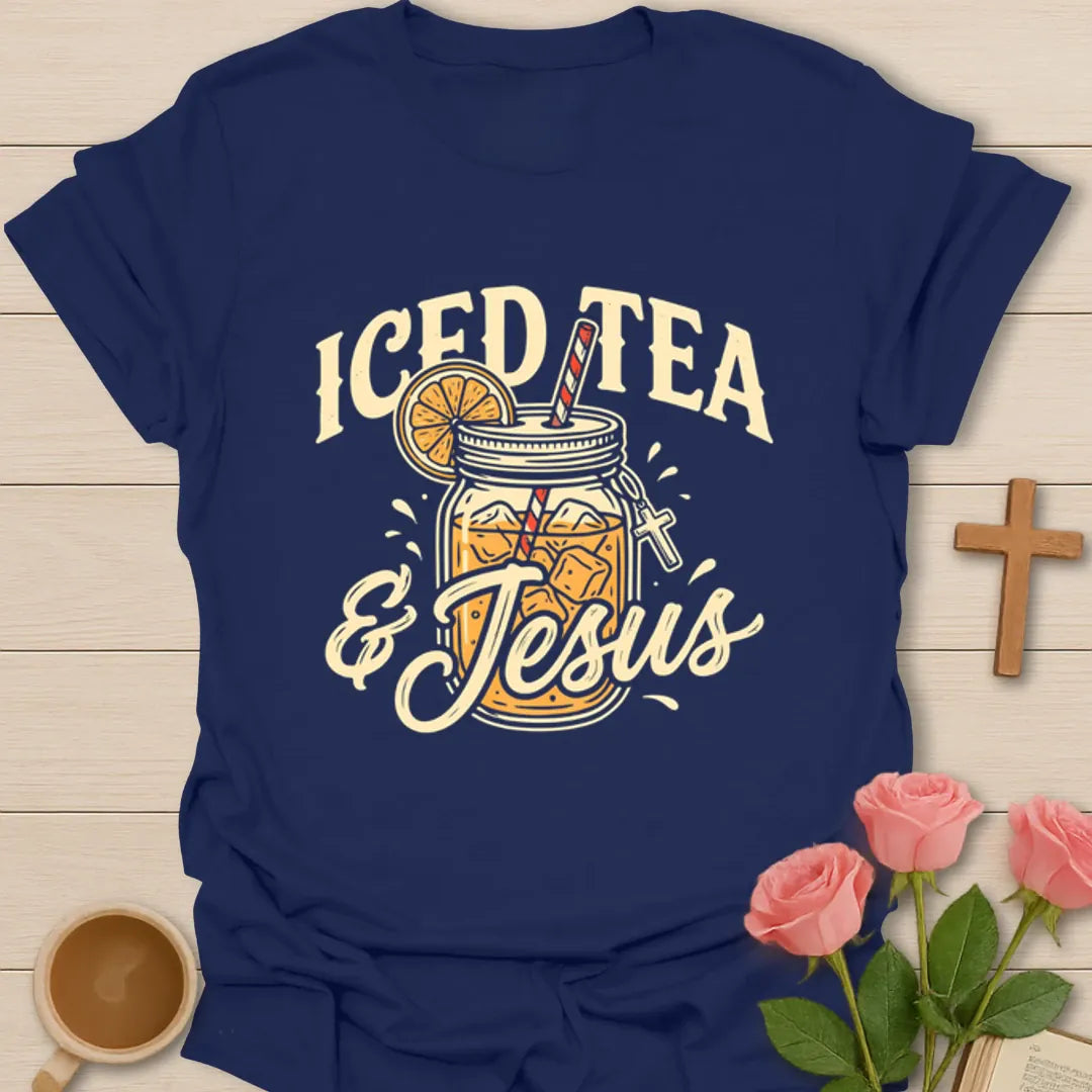 Iced Tea and Jesus shirt with mason jar iced tea, orange slice, straw, and vintage cream lettering - Navy