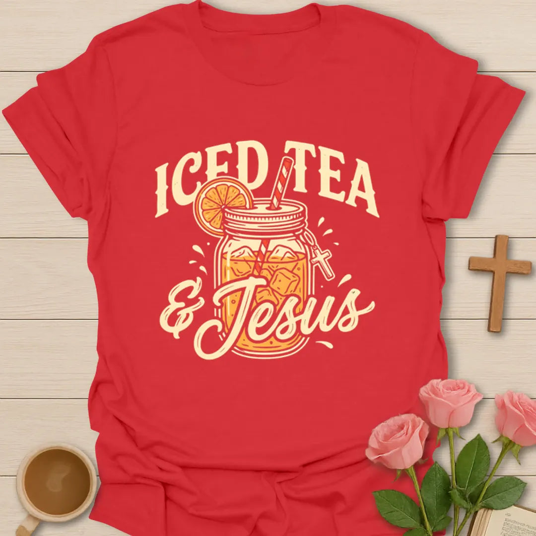 Iced Tea and Jesus shirt with mason jar iced tea, orange slice, straw, and vintage cream lettering - Red