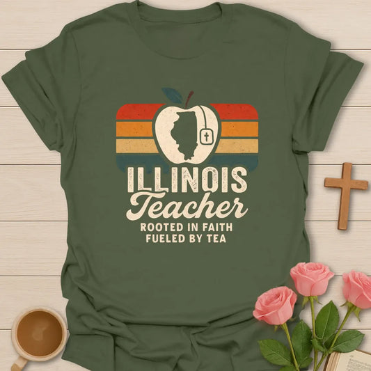 Illinois Teacher shirt with cream apple, Illinois silhouette, tea tag cross, retro orange gold and teal stripes, and distressed typography. - Military Green