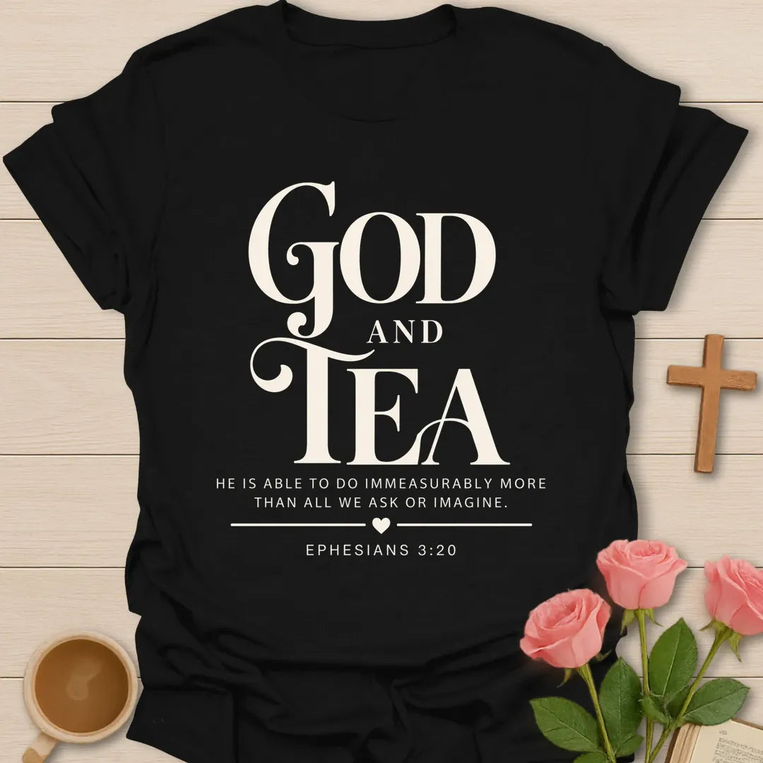 Immeasurably More t-shirt with scripture lettering and faith-inspired design - Black