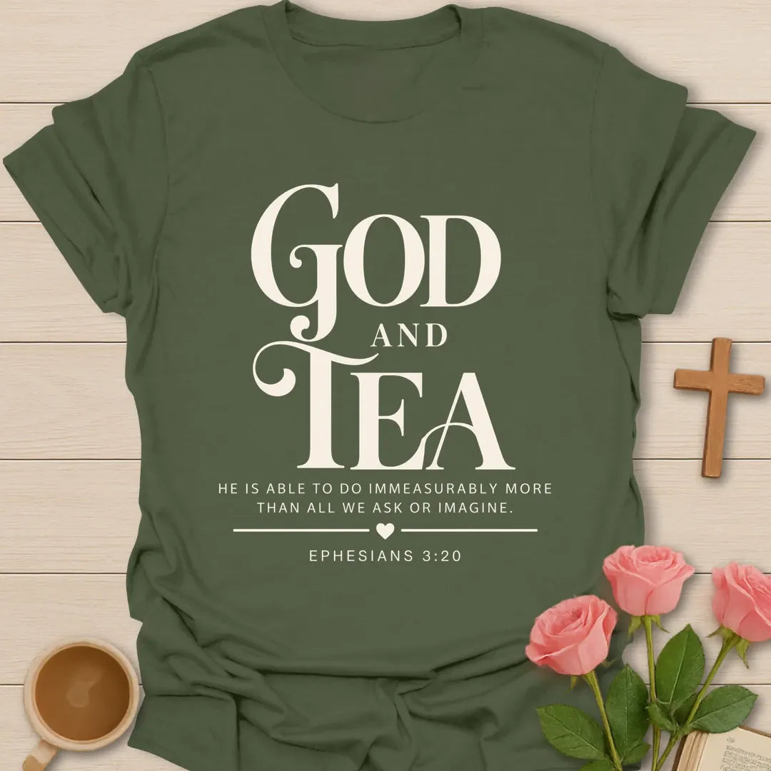 Immeasurably More t-shirt with scripture lettering and faith-inspired design - Military Green