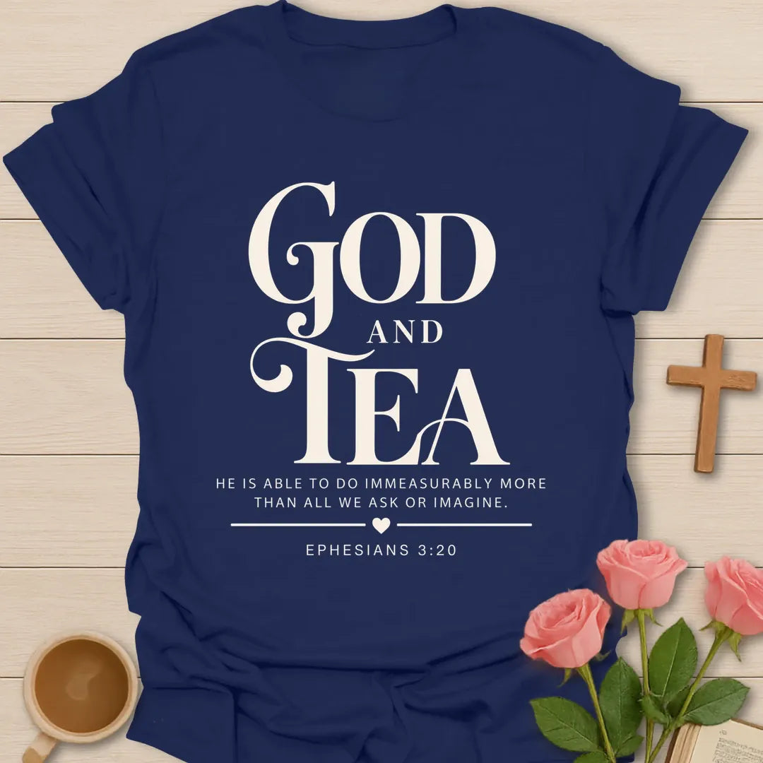Immeasurably More t-shirt with scripture lettering and faith-inspired design - Navy