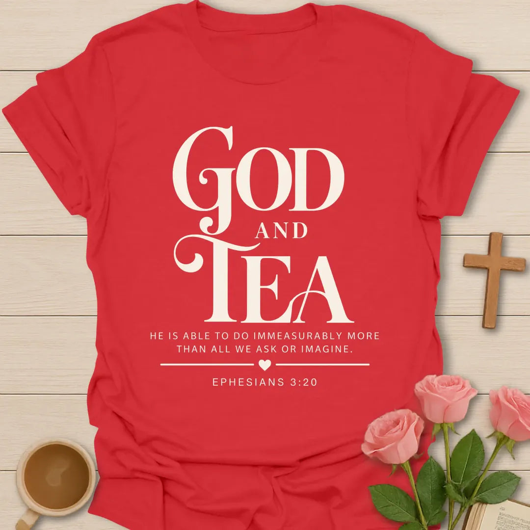 Immeasurably More t-shirt with scripture lettering and faith-inspired design - Red
