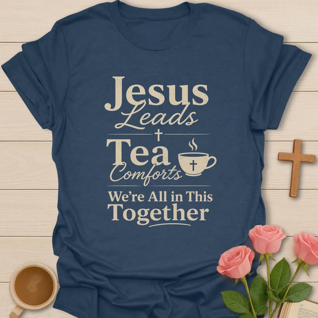 Jesus Leads Tea Comforts shirt with a steaming teacup and cross in minimal distressed lettering - Heather Navy