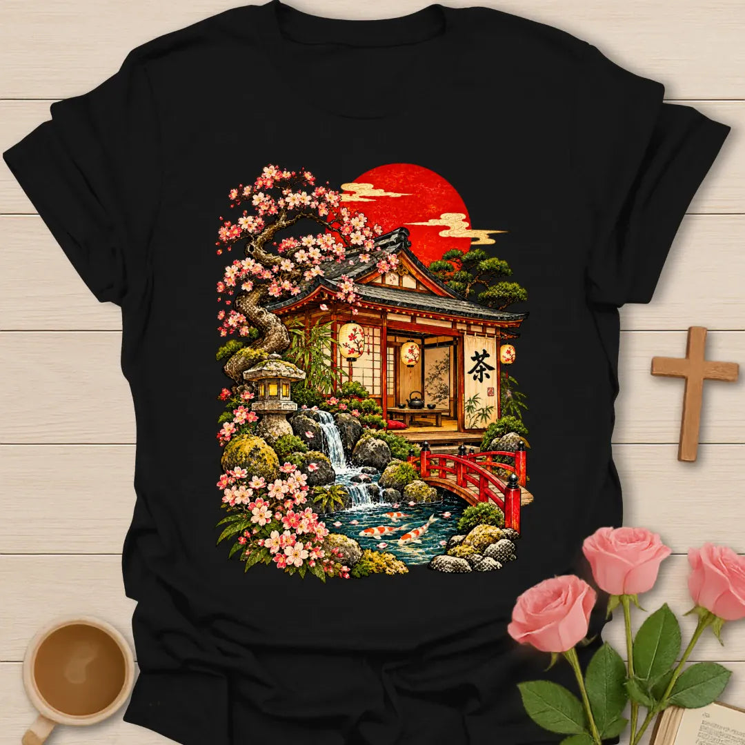 Japanese Tea House t-shirt with a traditional tea house, pink cherry blossoms, a stone lantern, waterfall, koi pond, red bridge and a red rising sun - Black