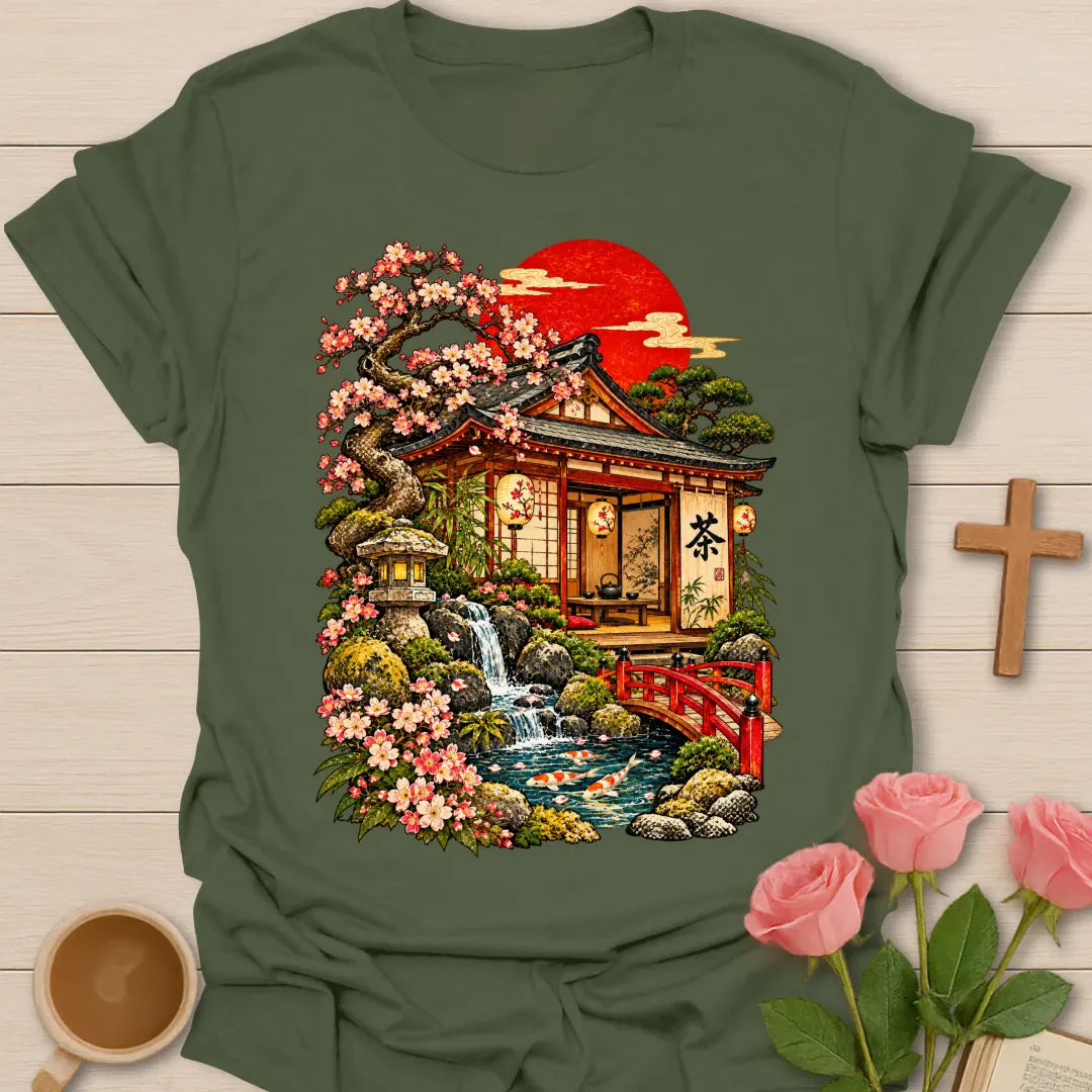 Japanese Tea House t-shirt with a traditional tea house, pink cherry blossoms, a stone lantern, waterfall, koi pond, red bridge and a red rising sun - Military Green