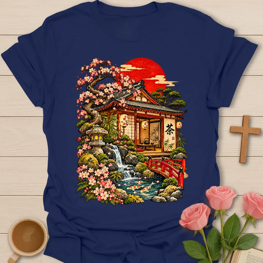 Japanese Tea House t-shirt with a traditional tea house, pink cherry blossoms, a stone lantern, waterfall, koi pond, red bridge and a red rising sun - Navy