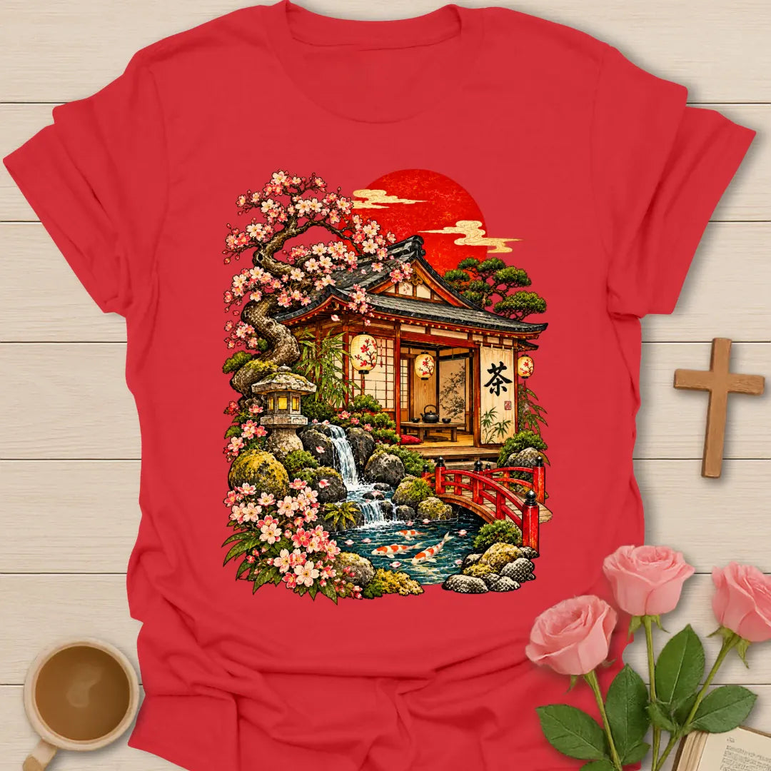 Japanese Tea House t-shirt with a traditional tea house, pink cherry blossoms, a stone lantern, waterfall, koi pond, red bridge and a red rising sun - Red