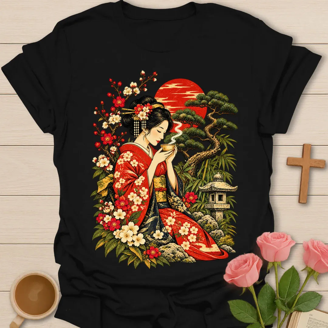 Japanese Tea t-shirt with a woman in a red floral kimono sipping tea among cherry blossoms, a pine tree, a stone lantern and a red sun - Black