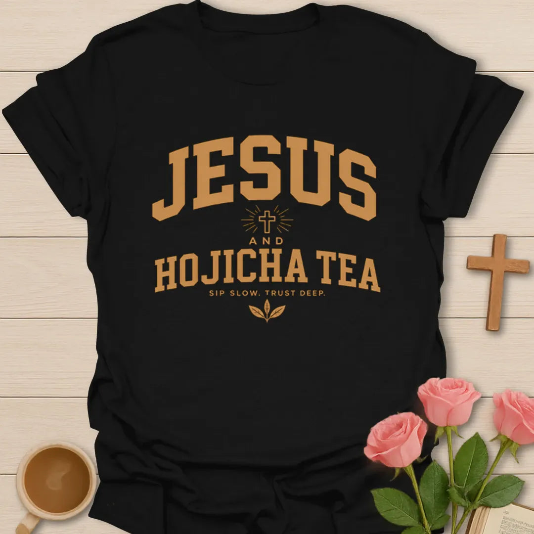 Jesus and Hojicha Tea shirt with varsity lettering, cross, leaves, and Sip Slow Trust Deep phrase. - Black
