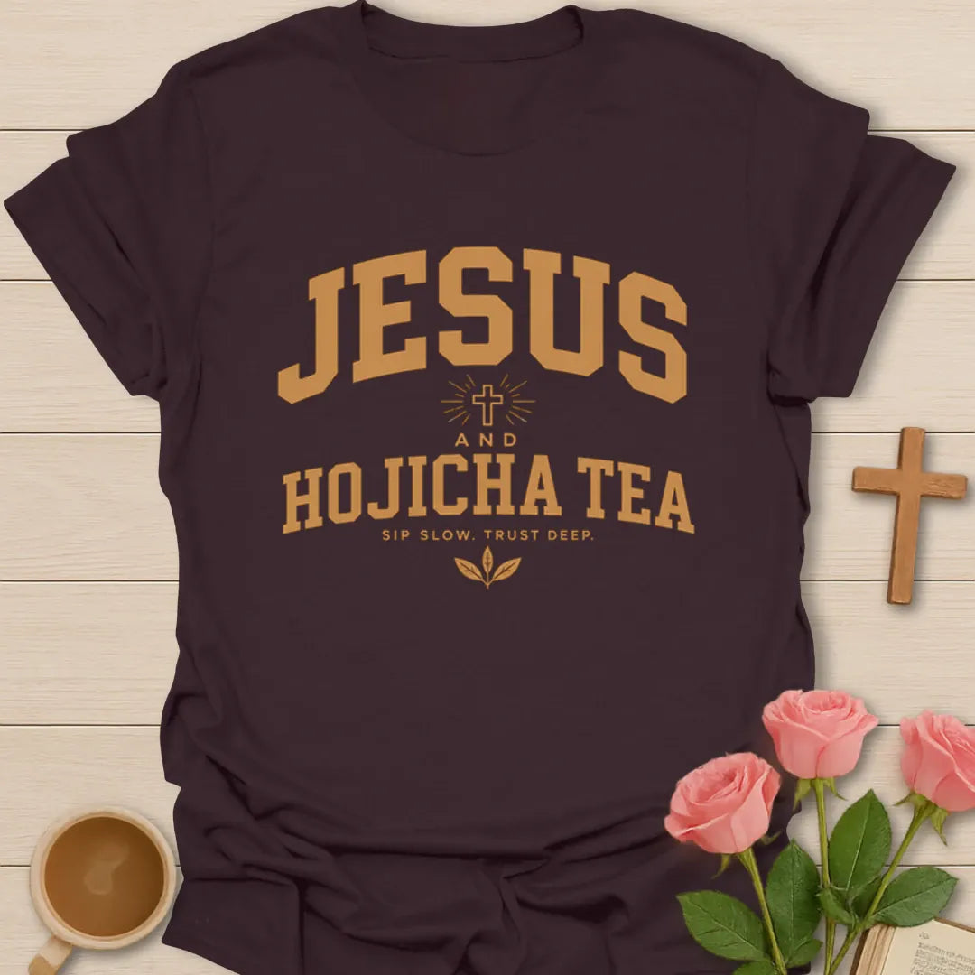 Jesus and Hojicha Tea shirt with varsity lettering, cross, leaves, and Sip Slow Trust Deep phrase. - Dark Chocolate