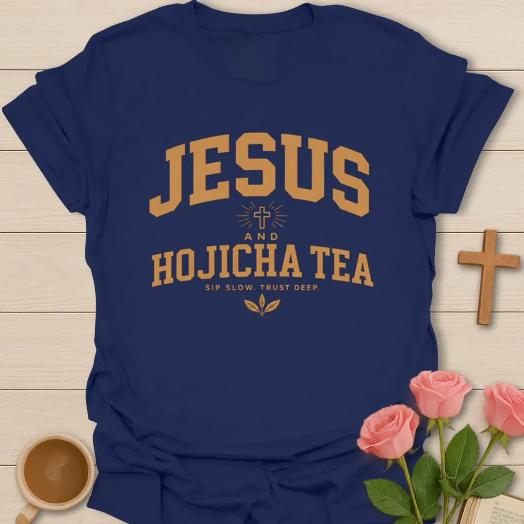 Jesus and Hojicha Tea shirt with varsity lettering, cross, leaves, and Sip Slow Trust Deep phrase. - Navy