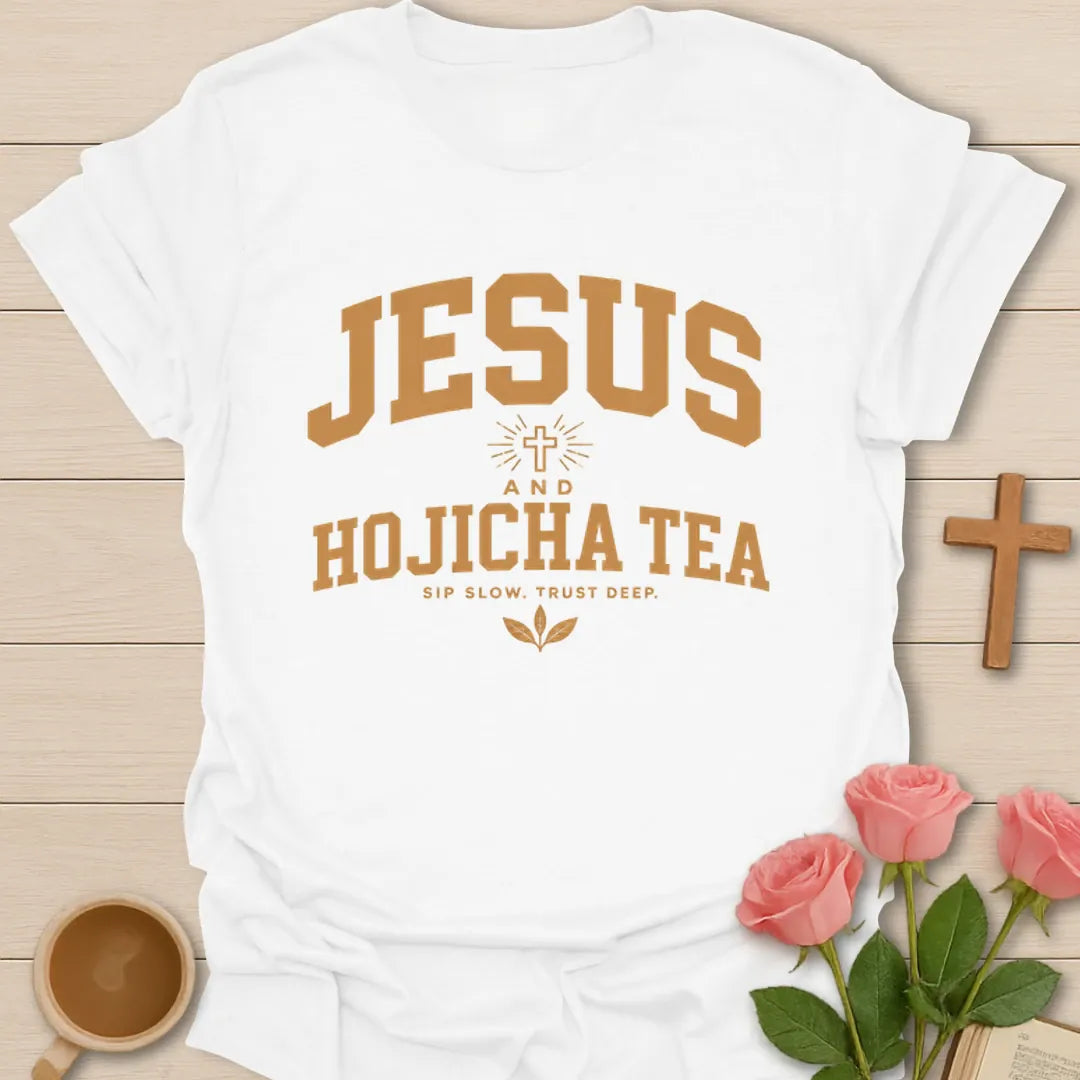 Jesus and Hojicha Tea shirt with varsity lettering, cross, leaves, and Sip Slow Trust Deep phrase. - White