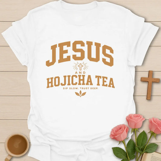 Jesus and Hojicha Tea shirt with varsity lettering, cross, leaves, and Sip Slow Trust Deep phrase. - White