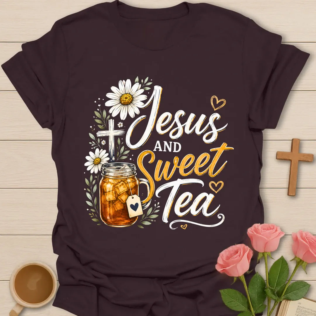 Jesus and Sweet Tea shirt with mason jar iced tea, cross, daisies, hearts, and vintage hand-lettered typography. - Dark Chocolate