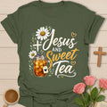 Jesus and Sweet Tea shirt with mason jar iced tea, cross, daisies, hearts, and vintage hand-lettered typography. - Military Green