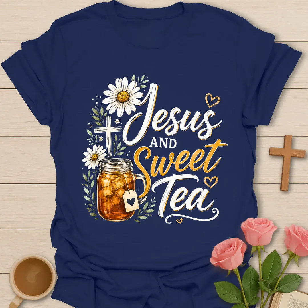Jesus and Sweet Tea shirt with mason jar iced tea, cross, daisies, hearts, and vintage hand-lettered typography. - Navy