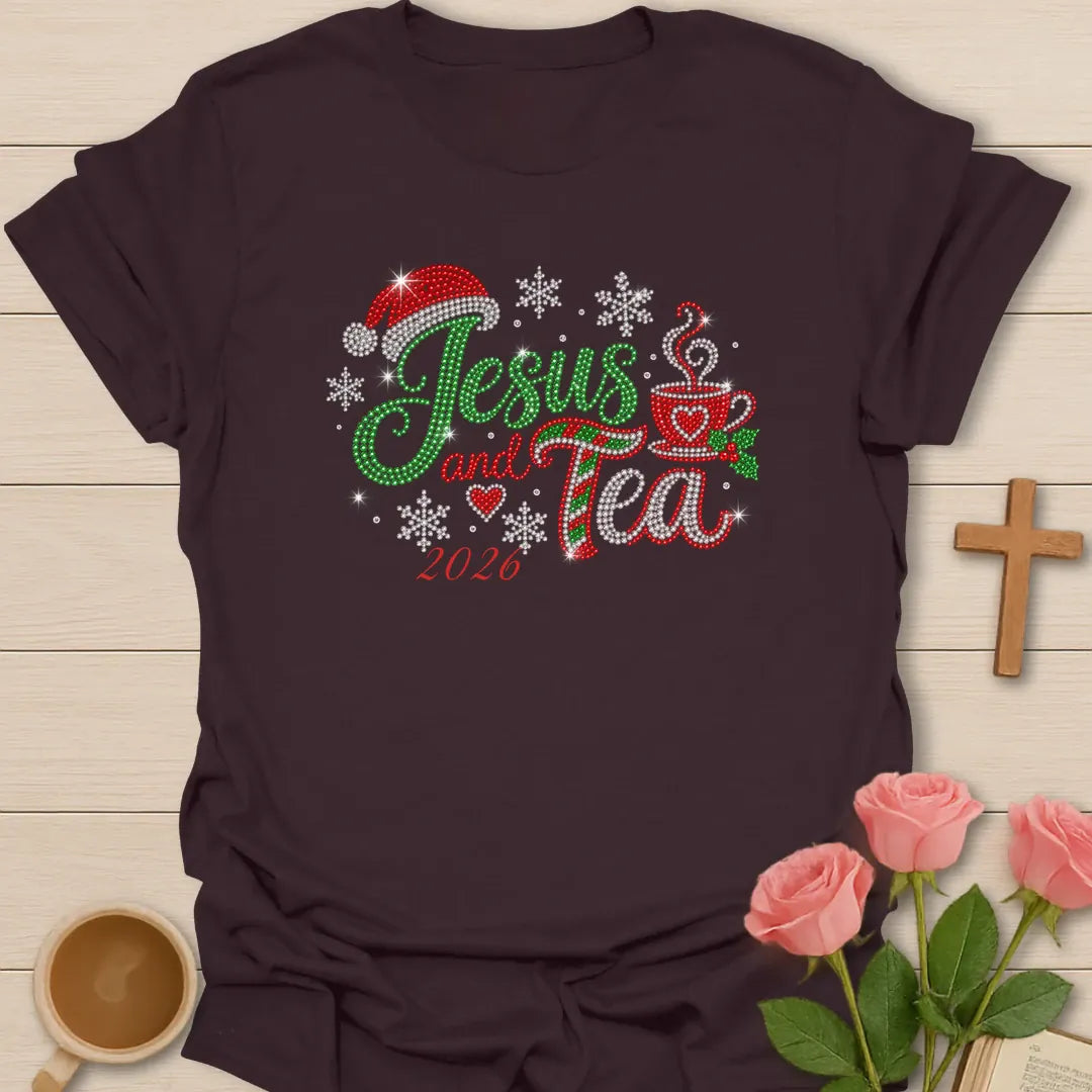 Jesus And Tea 2026 Christmas t-shirt with festive holiday lettering and faith-inspired design - Dark Chocolate