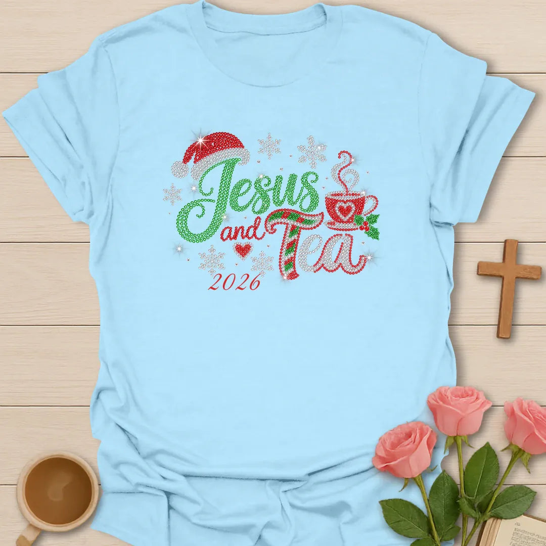 Jesus And Tea 2026 Christmas t-shirt with festive holiday lettering and faith-inspired design - Light Blue