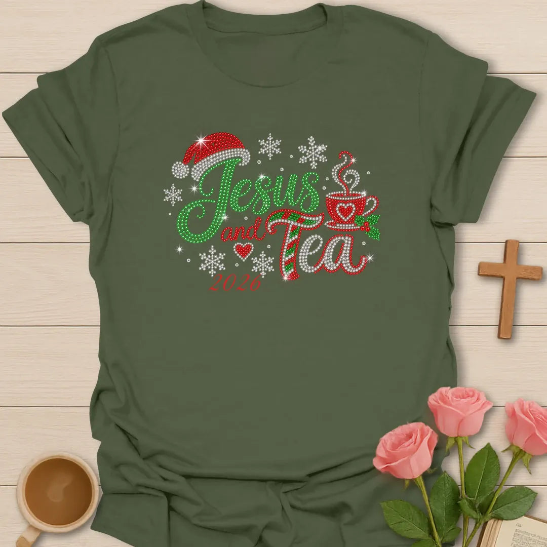 Jesus And Tea 2026 Christmas t-shirt with festive holiday lettering and faith-inspired design - Military Green