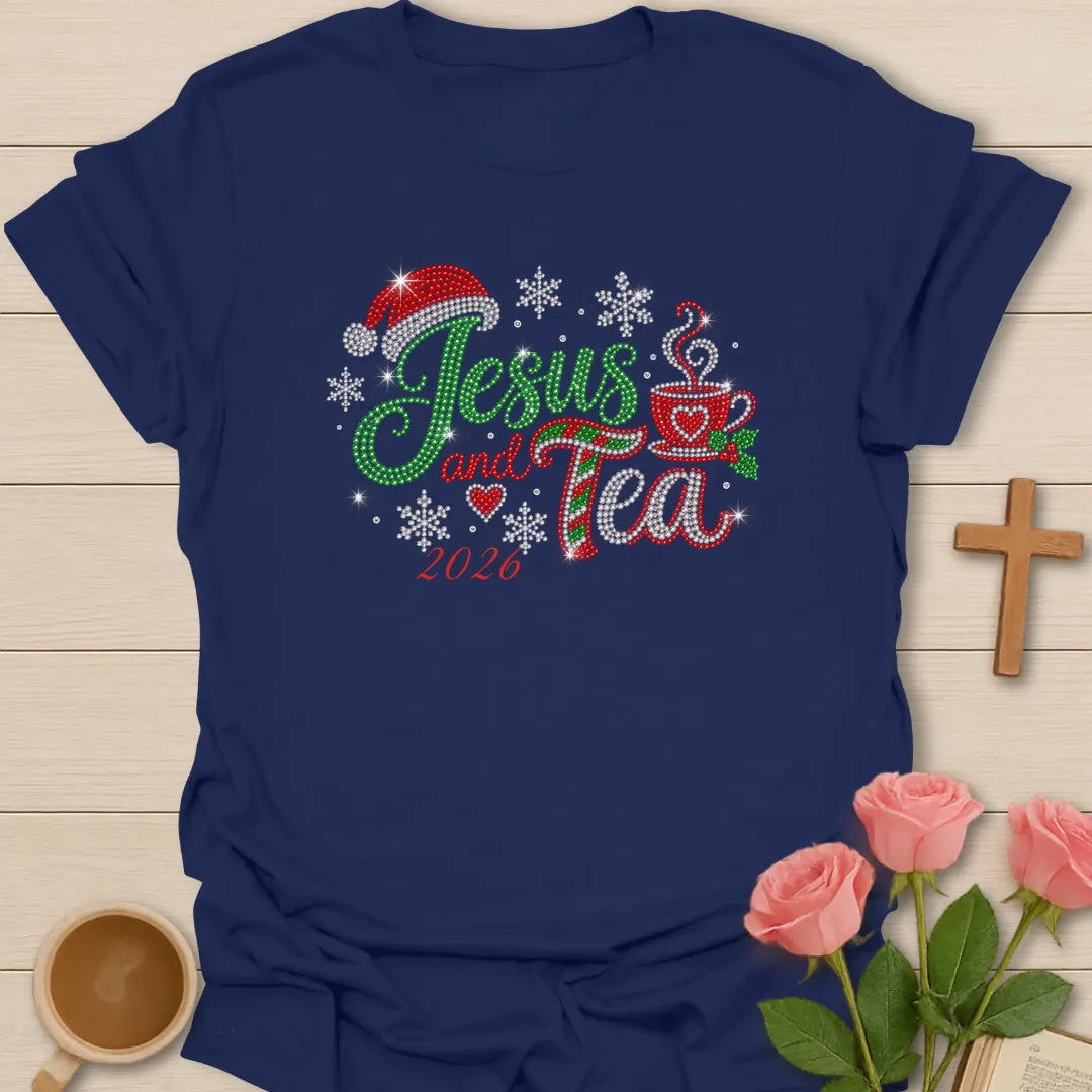 Jesus And Tea 2026 Christmas t-shirt with festive holiday lettering and faith-inspired design - Navy