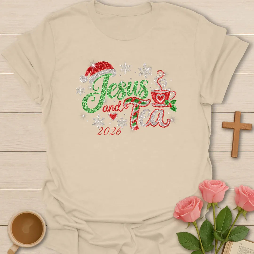 Jesus And Tea 2026 Christmas t-shirt with festive holiday lettering and faith-inspired design - Sand