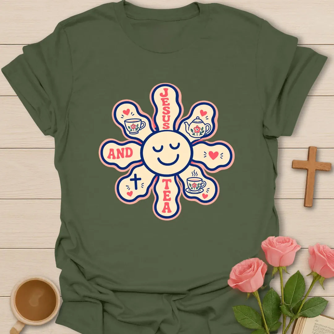Jesus and Tea Bloom T-Shirt KozzyCo Christian and tea lover design