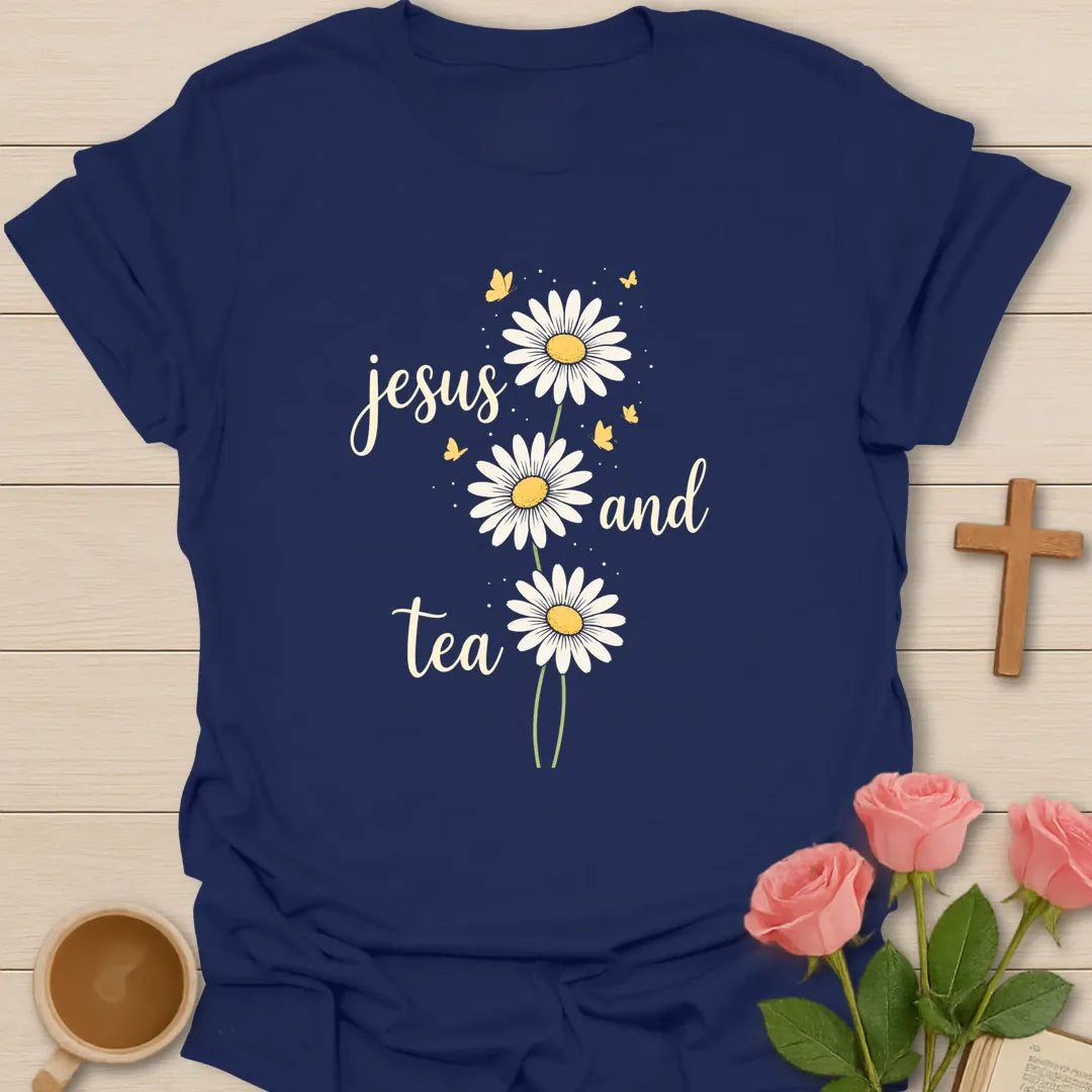 Jesus and Tea daisy shirt with three white daisies, yellow butterflies, cream script lettering, and airy botanical accents. - Navy
