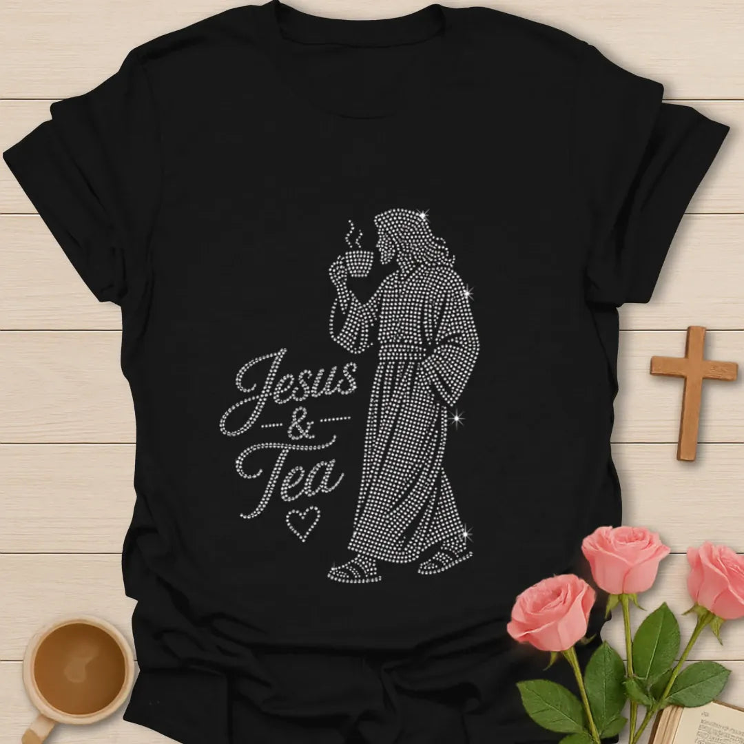 Jesus and Tea rhinestone-style shirt with Jesus figure holding steaming teacup and dotted sparkle artwork. - Black