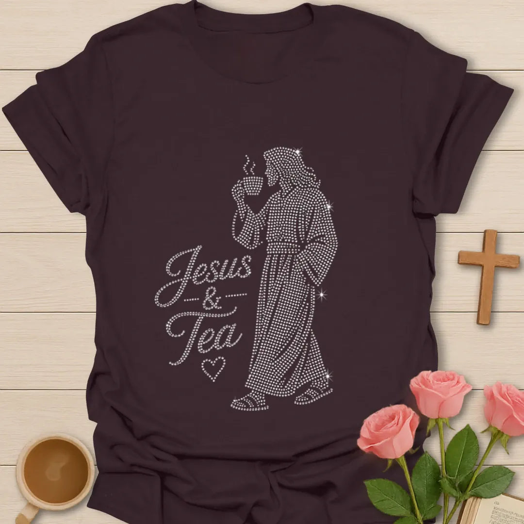 Jesus and Tea rhinestone-style shirt with Jesus figure holding steaming teacup and dotted sparkle artwork. - Dark Chocolate