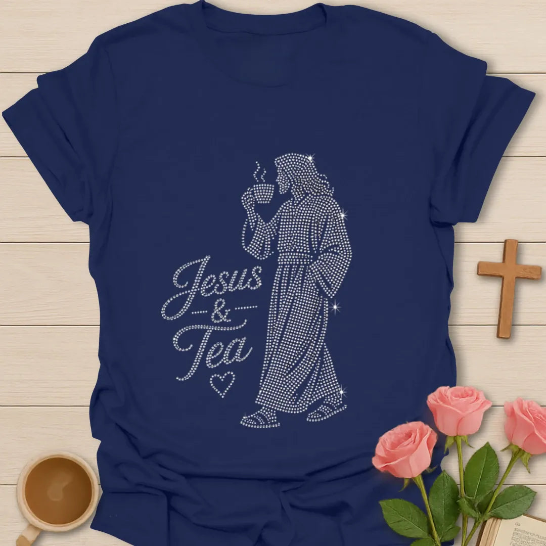 Jesus and Tea rhinestone-style shirt with Jesus figure holding steaming teacup and dotted sparkle artwork. - Navy