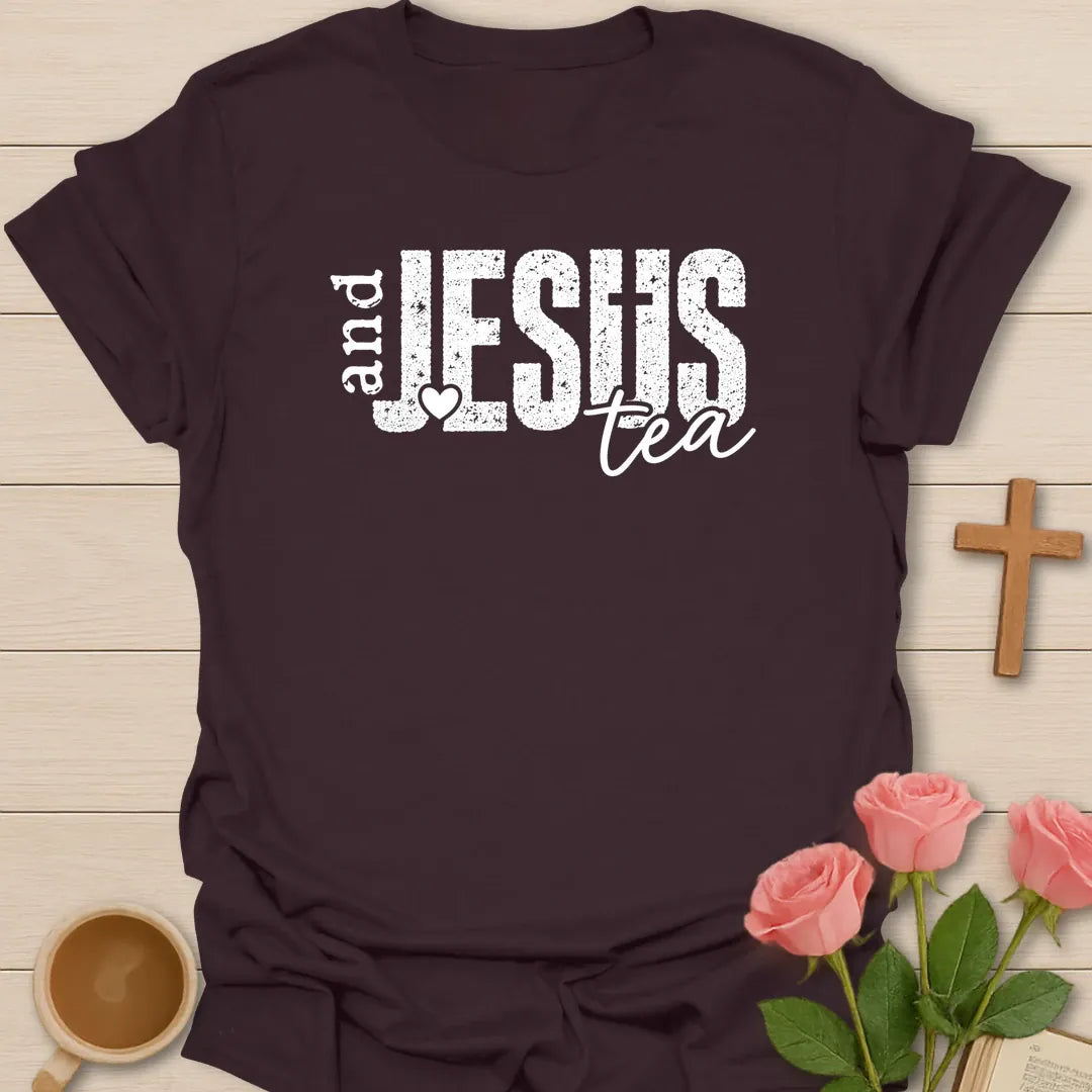 Jesus and Tea shirt with heart, cross, teacup, and cream vintage lettering. - Dark Chocolate