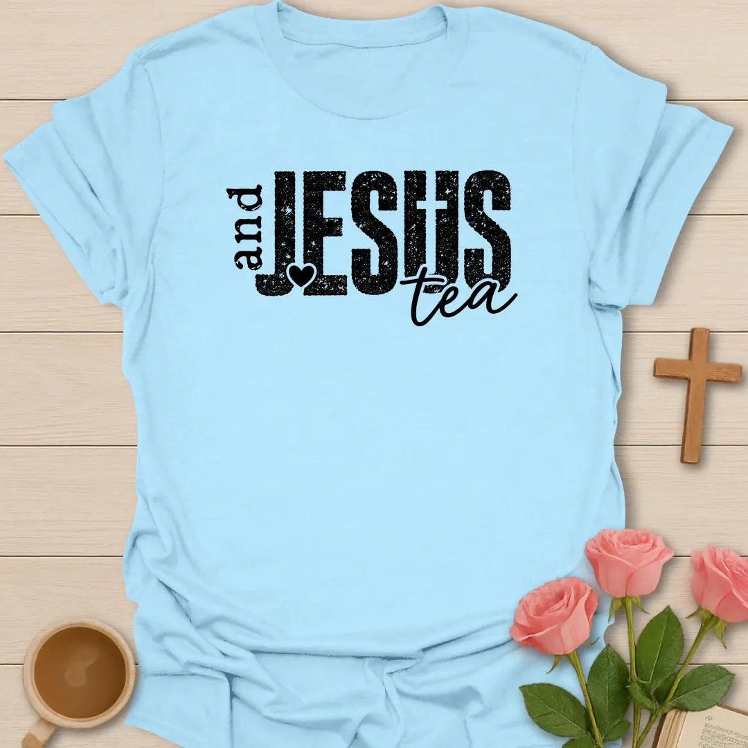 Jesus and Tea shirt with heart, cross, teacup, and cream vintage lettering. - Light Blue