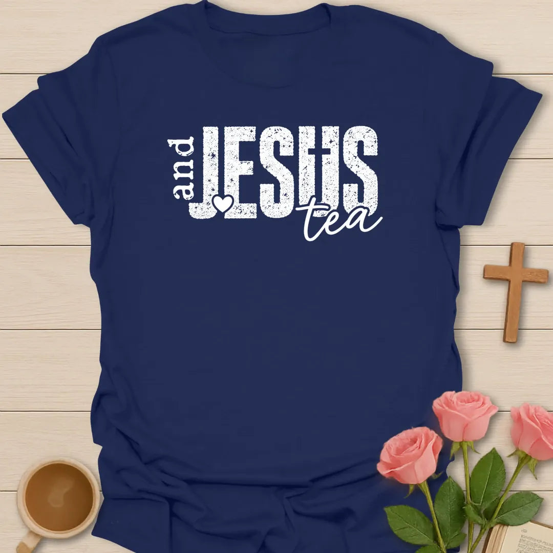 Jesus and Tea shirt with heart, cross, teacup, and cream vintage lettering. - Navy