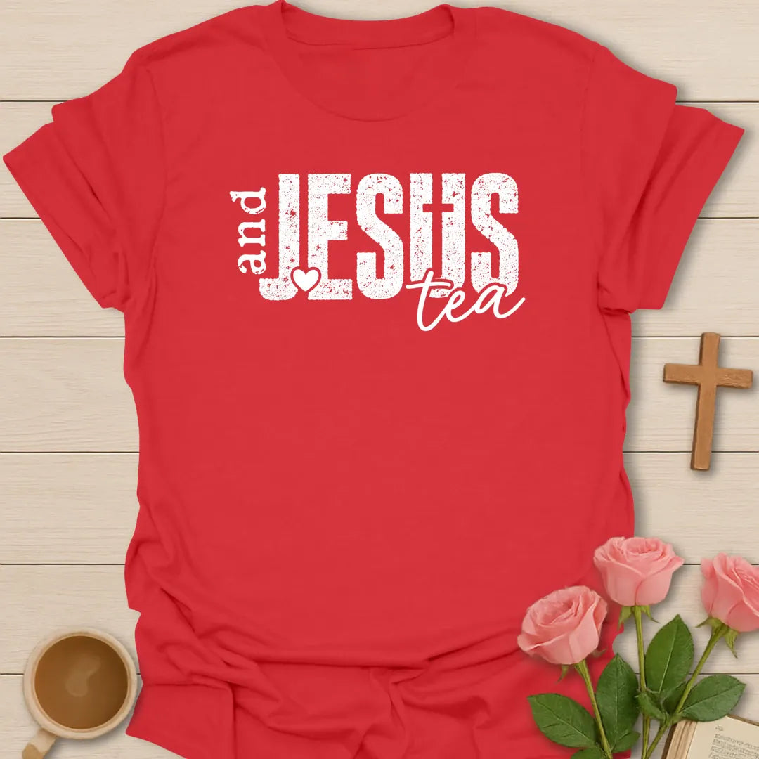 Jesus and Tea shirt with heart, cross, teacup, and cream vintage lettering. - Red