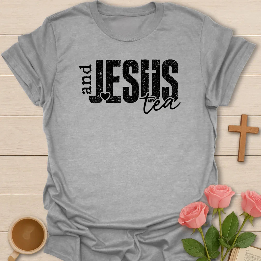 Jesus and Tea shirt with heart, cross, teacup, and cream vintage lettering. - Sport Grey