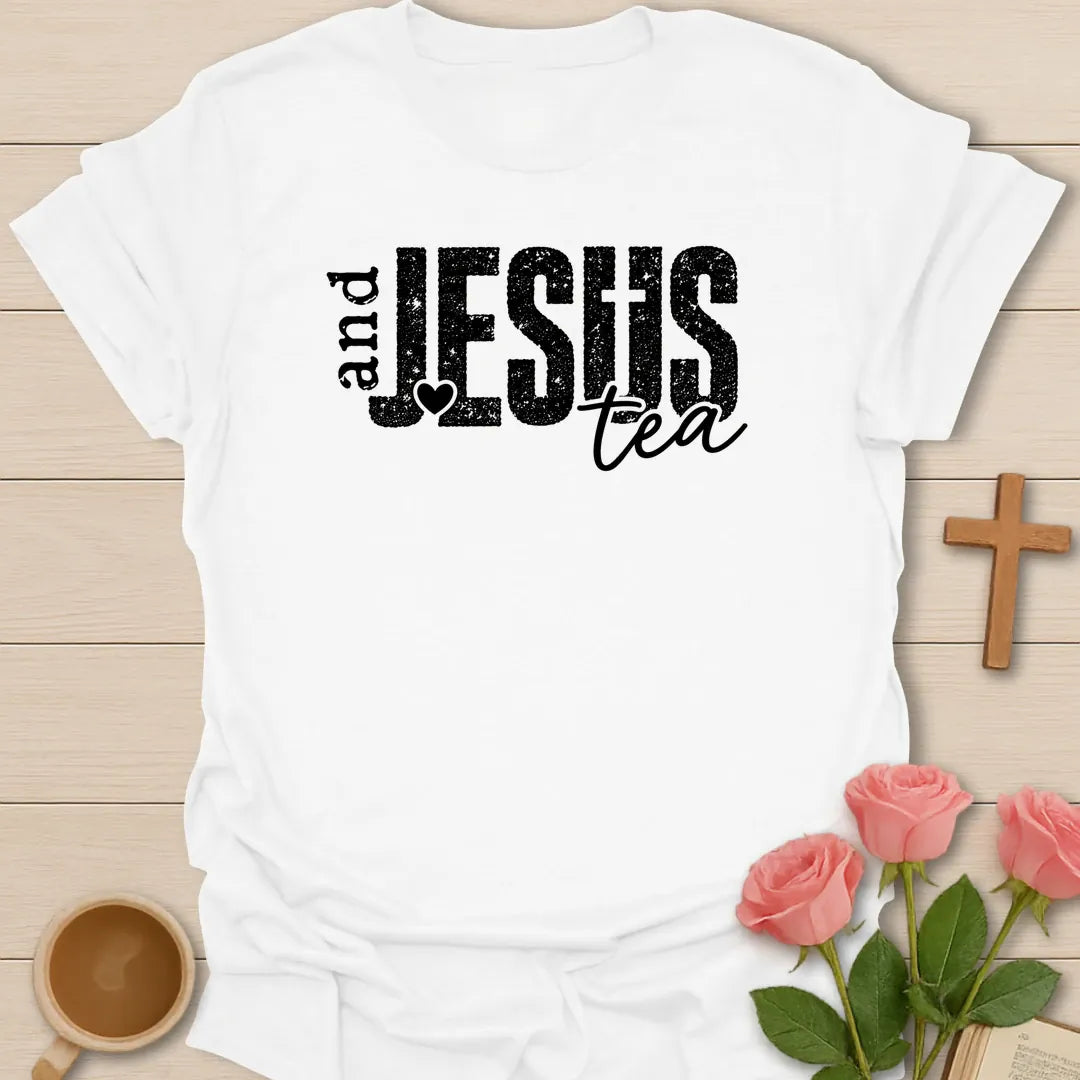 Jesus and Tea shirt with heart, cross, teacup, and cream vintage lettering. - White
