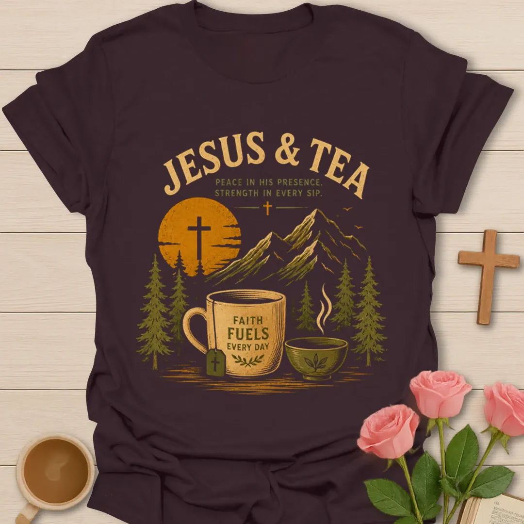 Jesus and Tea mountain shirt with mug, teacup, cross, tea bag, pine trees, and sunset design. - Dark Chocolate
