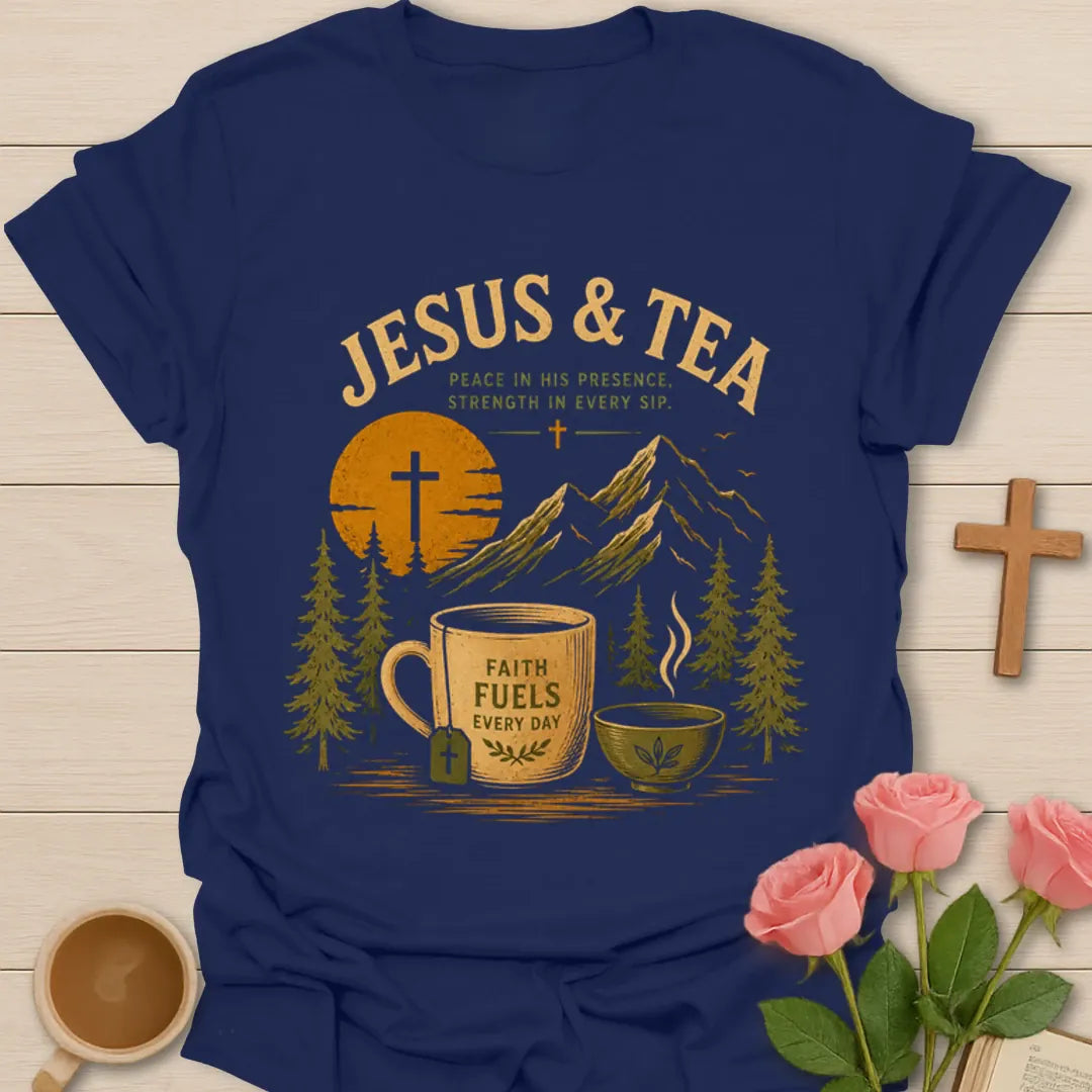 Jesus and Tea mountain shirt with mug, teacup, cross, tea bag, pine trees, and sunset design. - Navy