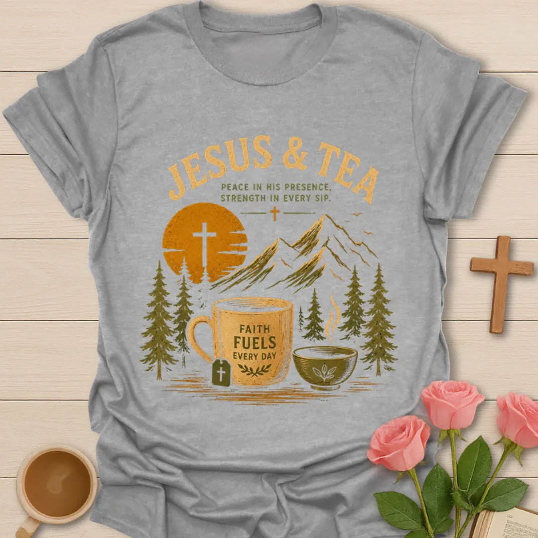 Jesus and Tea mountain shirt with mug, teacup, cross, tea bag, pine trees, and sunset design. - Sport Grey