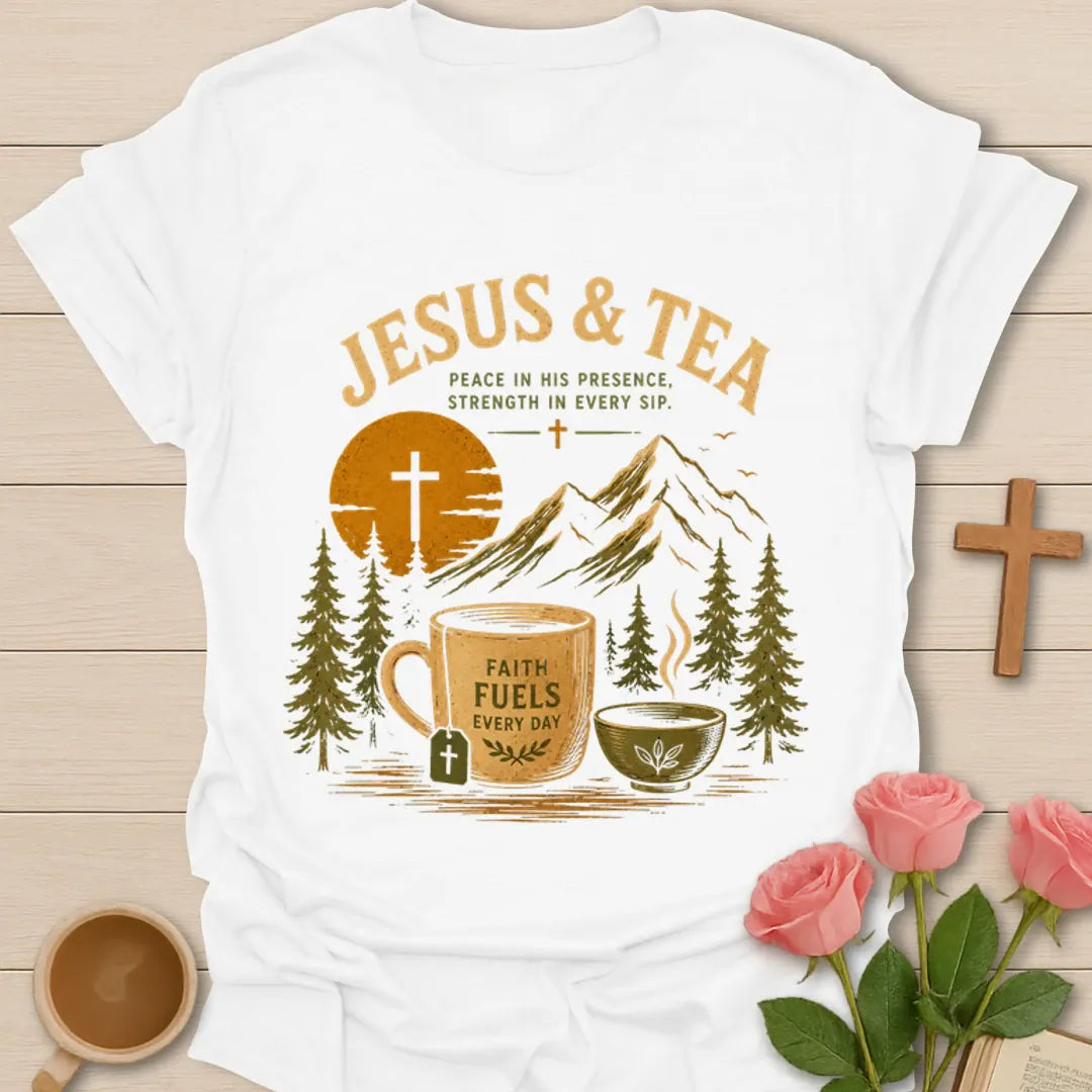 Jesus and Tea mountain shirt with mug, teacup, cross, tea bag, pine trees, and sunset design. - White