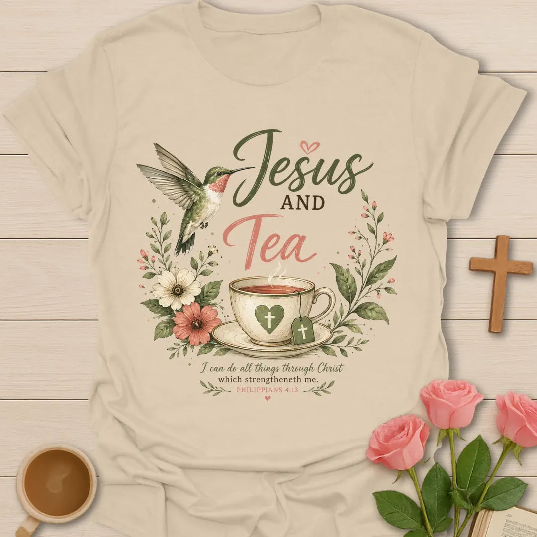 Jesus and Tea Strengthen Me shirt with teacup, cross, flowers, faith lettering, and Philippians 4:13 inspiration. - Sand