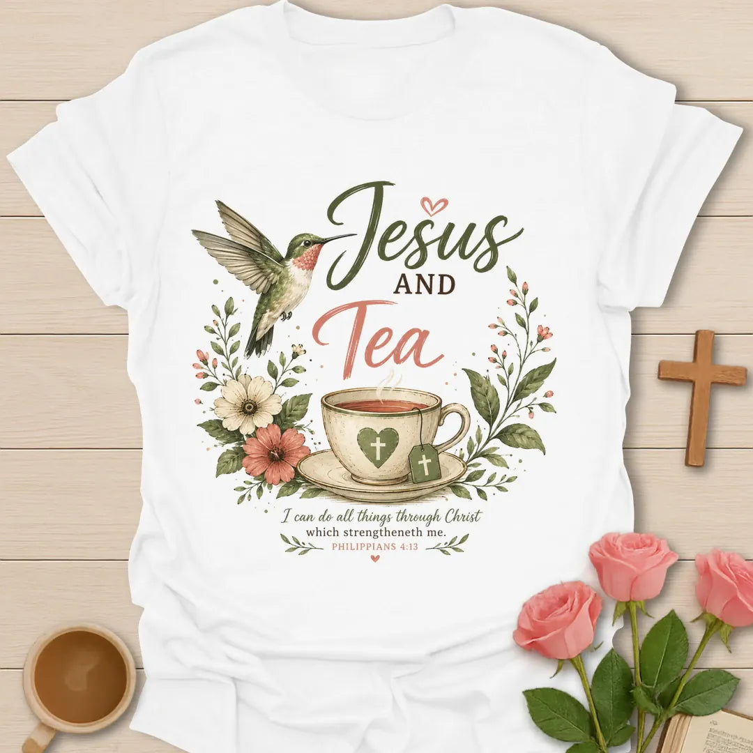 Jesus and Tea Strengthen Me shirt with teacup, cross, flowers, faith lettering, and Philippians 4:13 inspiration. - White