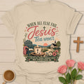 Jesus Tea Won’t shirt with teacup, Bible, church, flowers, sunset, and Philippians 4:13 verse. - Sand
