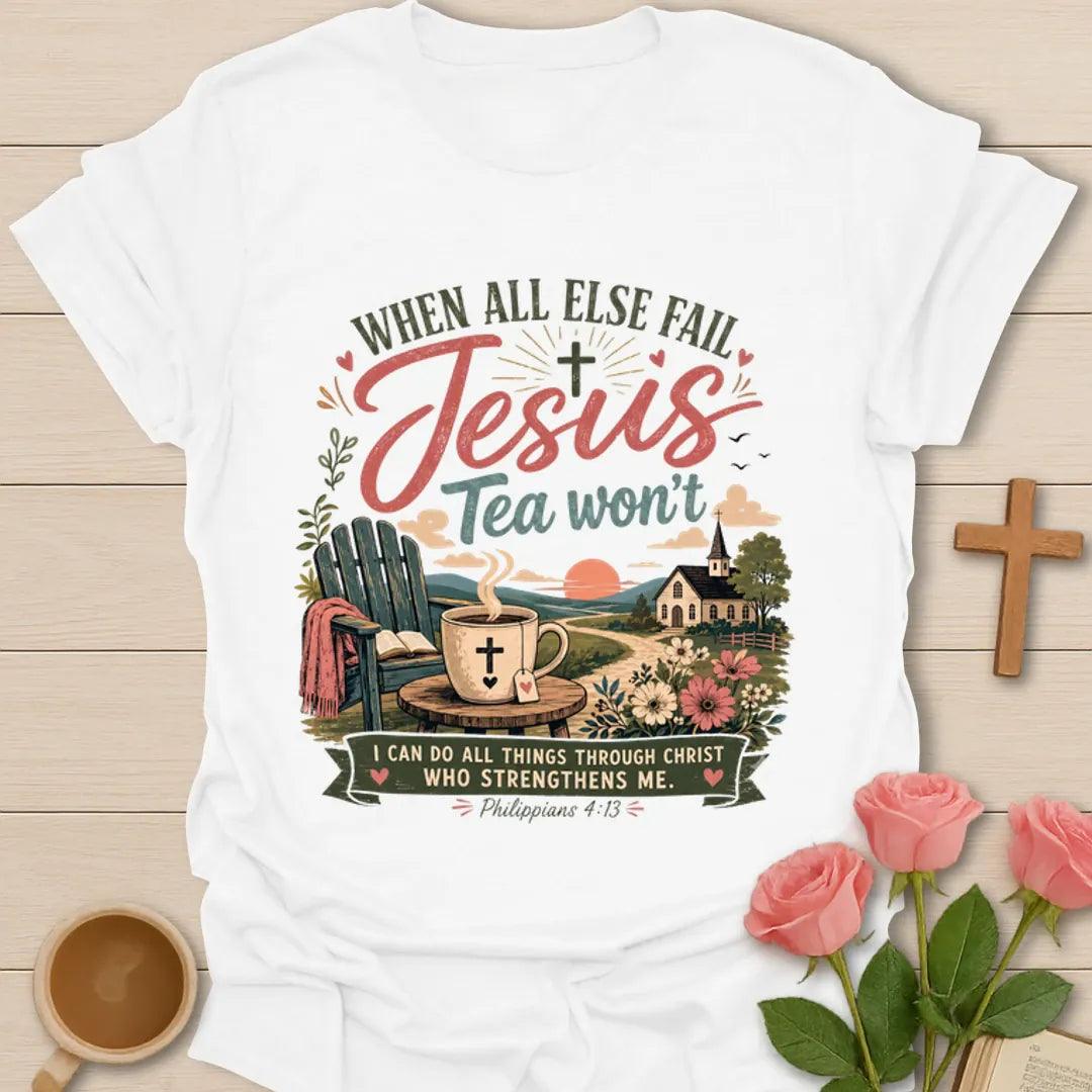 Jesus Tea Won’t shirt with teacup, Bible, church, flowers, sunset, and Philippians 4:13 verse. - White